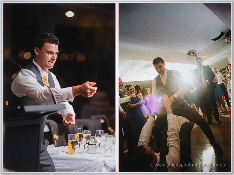 A groomsman gestures mid-speech, then rides on shoulders across the crowded dance floor.