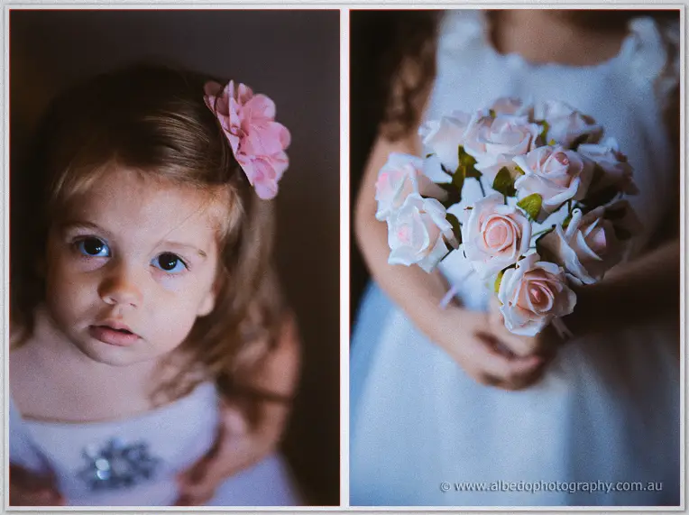 Diptych of the flower girl with pink hair flower and her posy of pale rosebuds