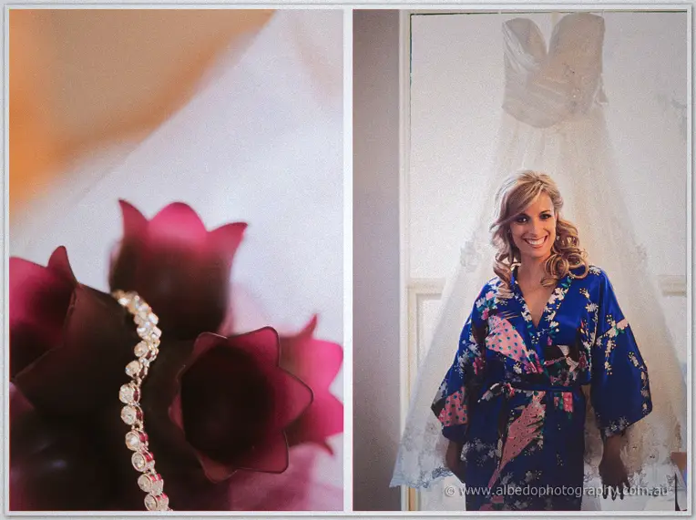 Deep pink lotus buttonholes with beaded bracelet beside Cristina's gown and blue robe