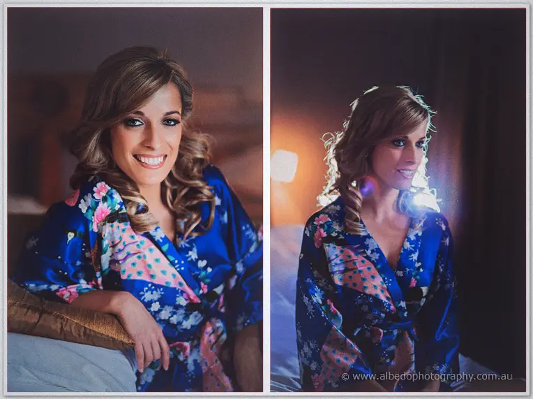 Two relaxed portraits of Cristina by the bedside lamp, robe on and curls set