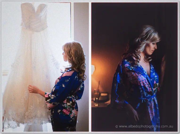 Diptych of Cristina admiring her hanging gown, then looking down in soft lamp glow