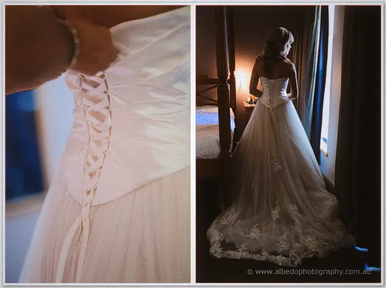 Close-up of Cristina's corset lacing, then her full lace-edged train by the window