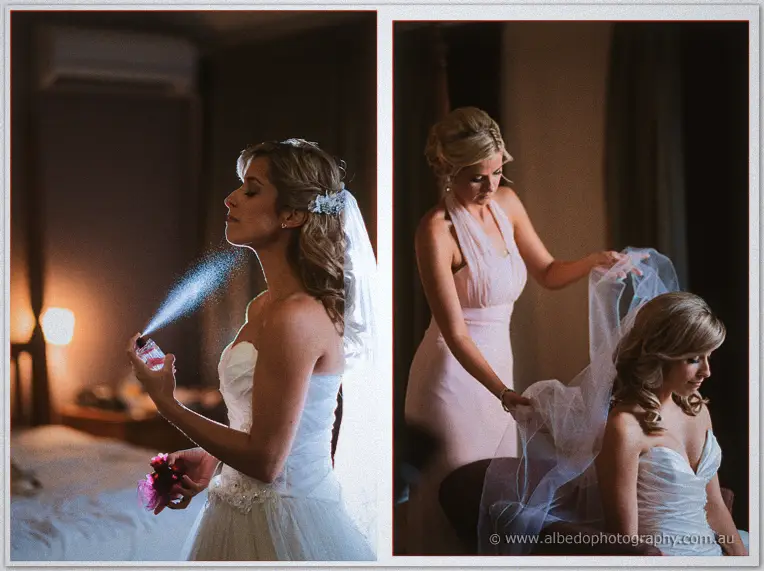 Diptych of Cristina misting perfume, then a bridesmaid settling her veil