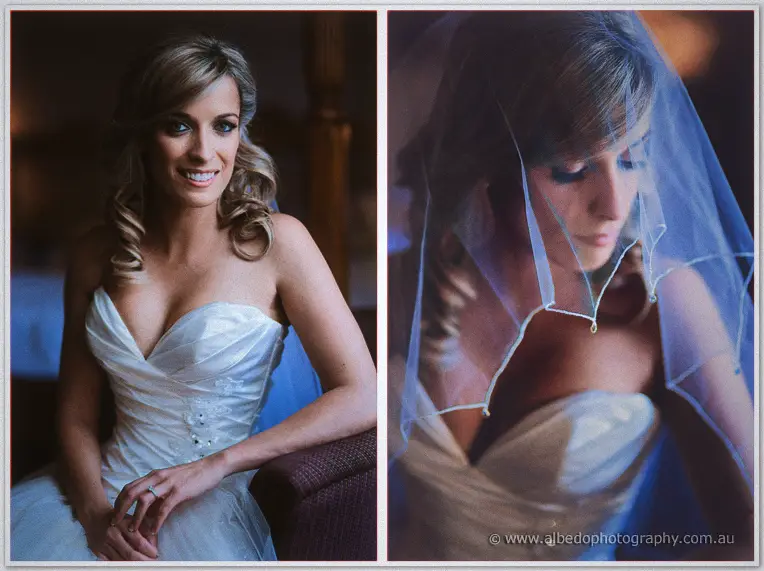 Cristina smiles by the chair, then bows her head beneath the sheer veil