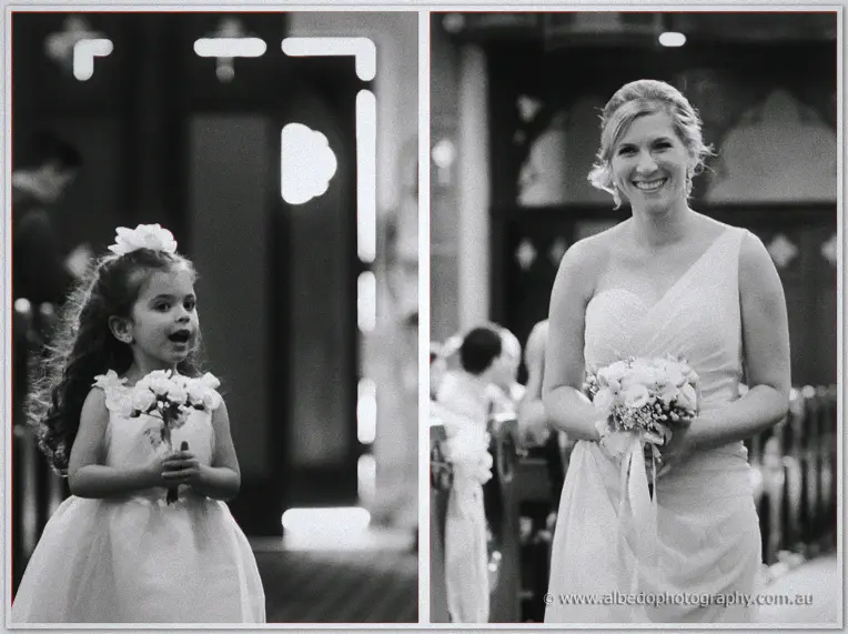 Black and white diptych: the delighted flower girl, then Cristina beaming in the aisle
