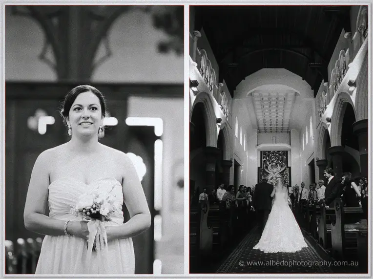 Black-and-white pairing of Cristina smiling with her bouquet and her aisle walk through St Patrick's