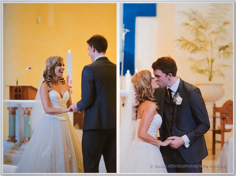 Diptych of Cristina laughing hand-in-hand with Mitch, then their kiss beside the sanctuary candles