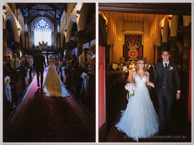 Diptych of the recessional, Cristina and Mitch walking the red aisle then exiting arm in arm