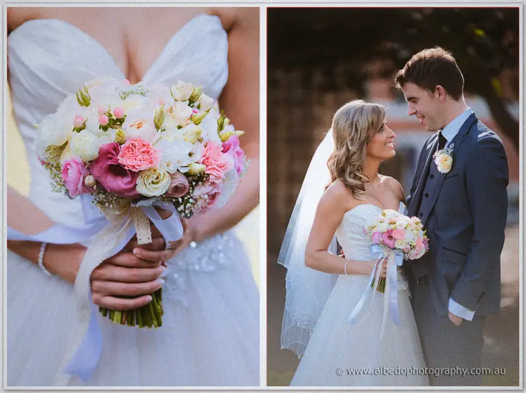 Bridal pair: Cristina's pink bouquet close-up beside a veil-lit portrait of the couple smiling face to face