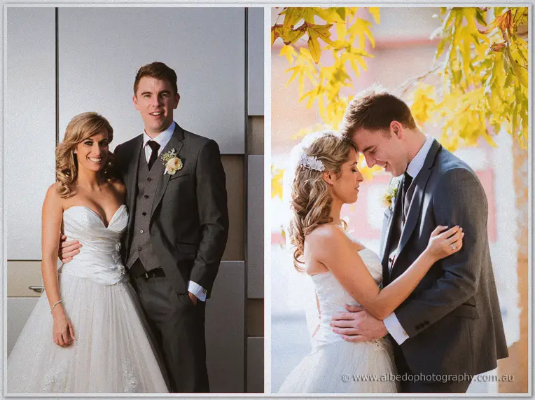 Diptych of Cristina and Mitch posing by a pale wall, then touching foreheads under golden autumn leaves