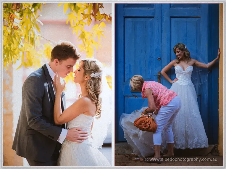 Diptych of a forehead-touch kiss under autumn leaves and Cristina laughing at the blue door with her mum