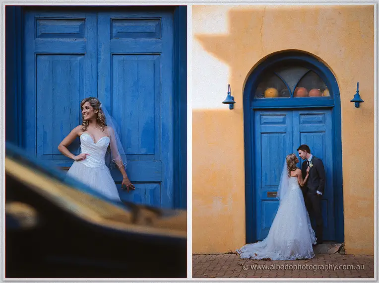 Two-frame set of Cristina by the blue door alone and with Mitch beneath the arched fanlight