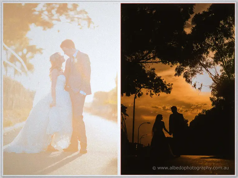 Diptych of Cristina and Mitch backlit in sun flare, then silhouetted hand in hand beneath an orange dusk