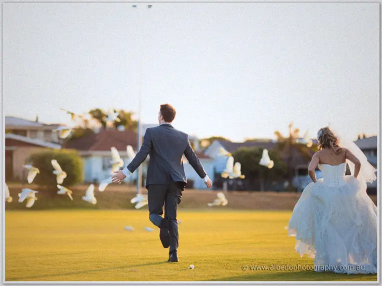 Mitch chases white cockatoos across a golden oval at sunset as Cristina follows, laughing, in her gown