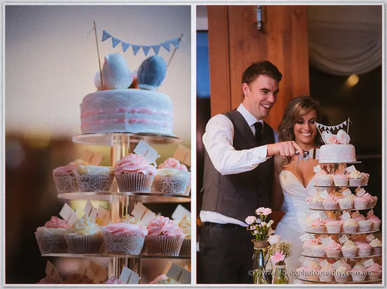 Split frame of the bunting-topped cake tower and Cristina and Mitch laughing as they cut its top tier