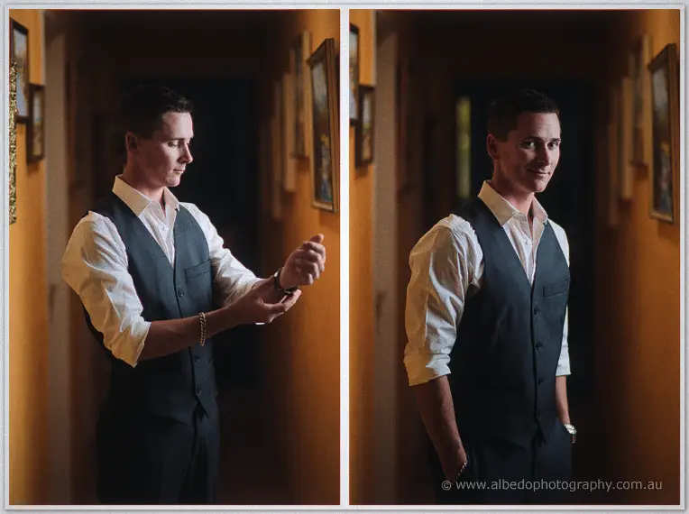 A two-frame portrait shows Shane checking his watch, then smiling in his dark vest and rolled sleeves.