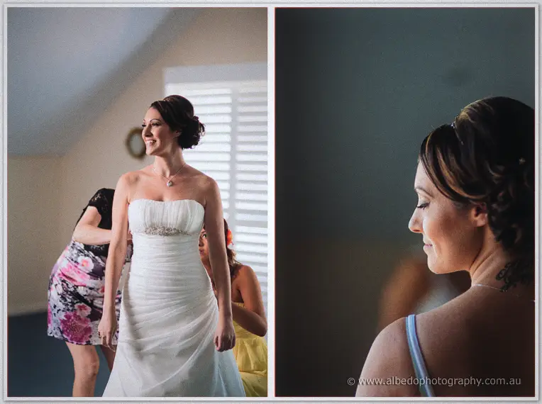 Elisha beams while her dress is adjusted, next to a soft profile portrait of her gazing down