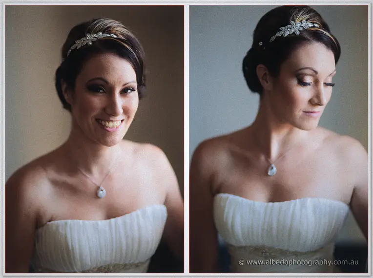 Close-ups of Elisha smiling beneath a jewelled headpiece, and glancing down with a pendant necklace