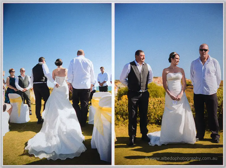 Diptych of Elisha reaching Shane at the aisle and the pair facing each other on the green