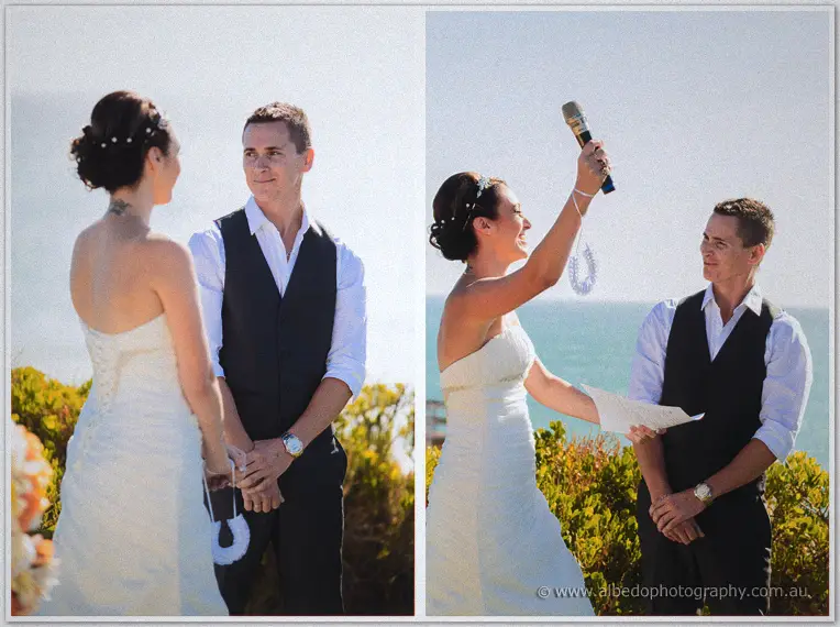 Diptych of Elisha and Shane exchanging vows and her raising the mic with the rings