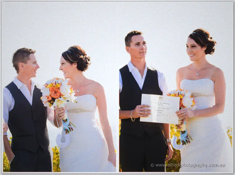 Diptych of Elisha and Shane grinning together and holding their marriage certificate