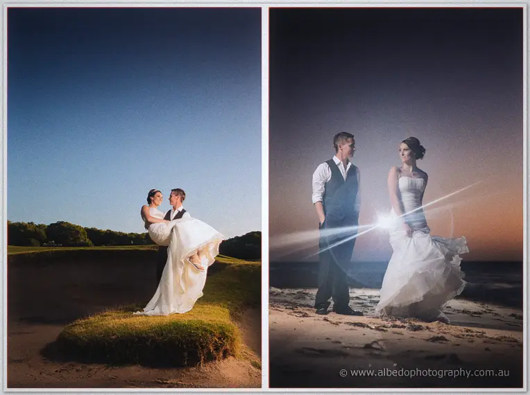 Groom lifting his bride on the fairway beside a dusk beach portrait with flare, paired as a diptych