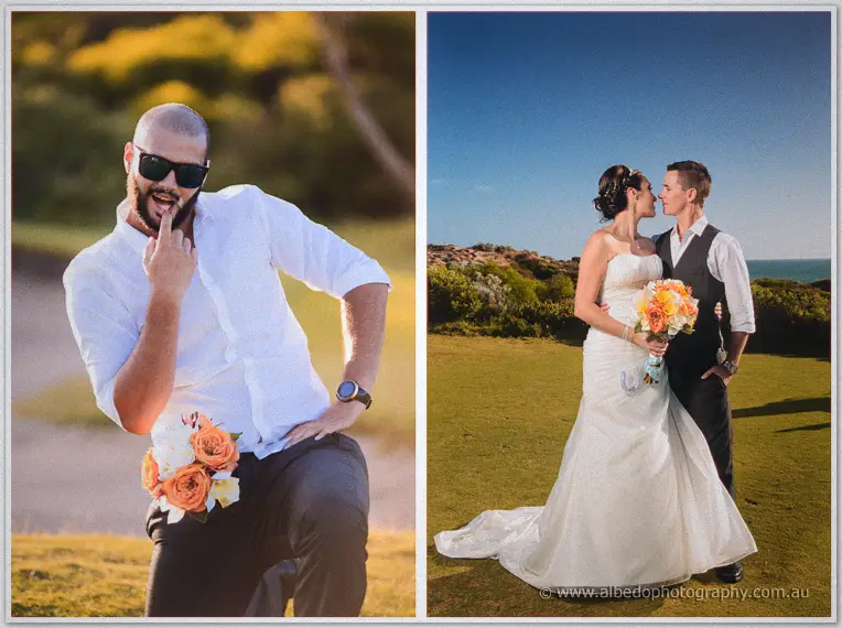 A cheeky groomsman poses with the orange bouquet beside the couple kissing by the ocean