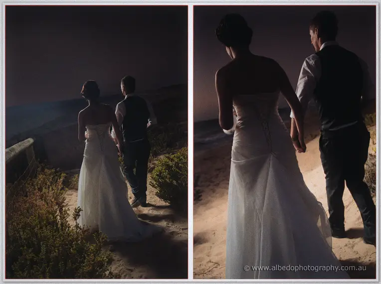 Two framed scenes of the couple walking a darkened coastal path hand in hand at night