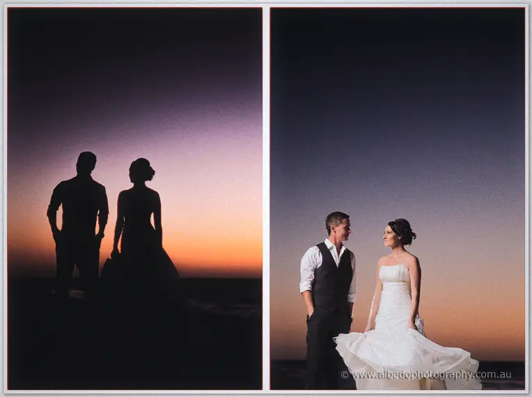 Diptych pairing the couple's dusk silhouette with them laughing under a violet sky