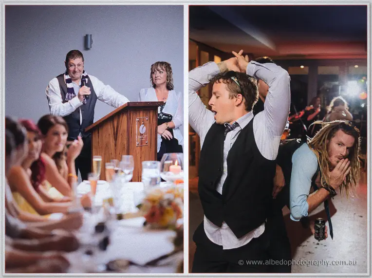 Diptych of a groomsman's podium speech beside guests dancing wildly at the reception