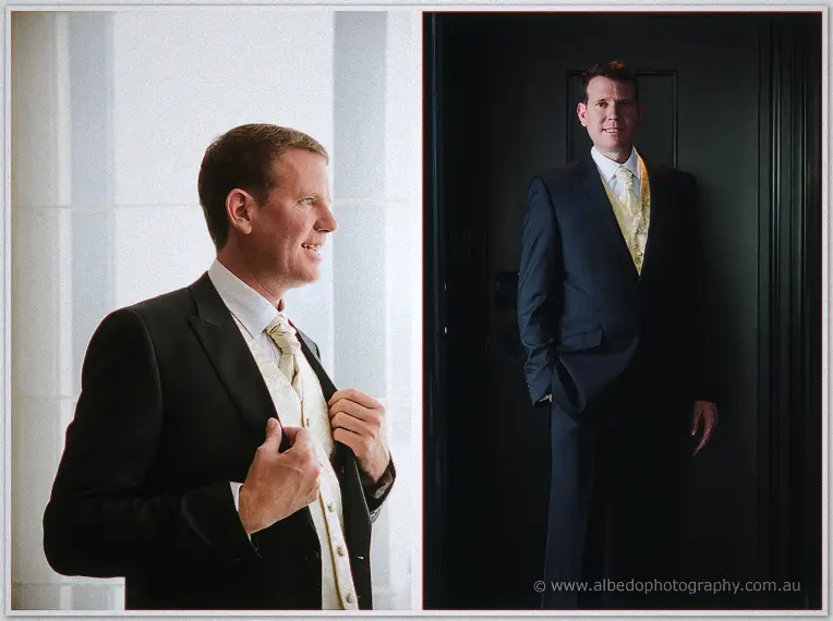 Two-panel groom portraits: a bright profile smile and a formal stance against a dark door