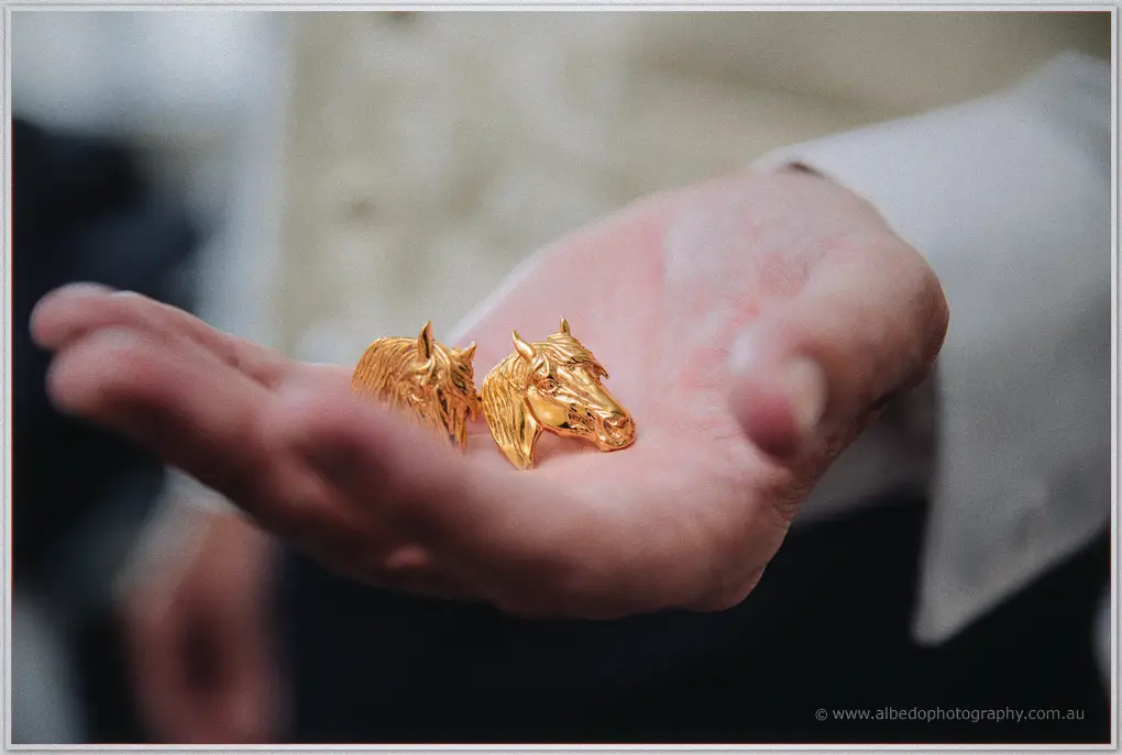 A pair of gold horse-head cufflinks rests in an open palm, shot in macro
