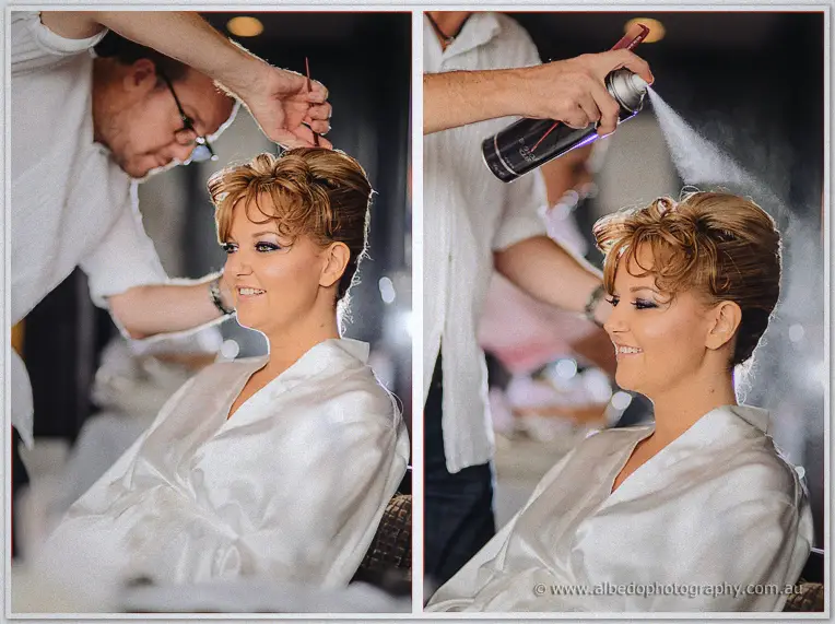 Kristina's stylist teases then hairsprays her updo in this two-panel prep shot