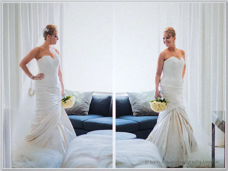 Twin portraits of Kristina in her strapless gown holding white roses by a navy sofa