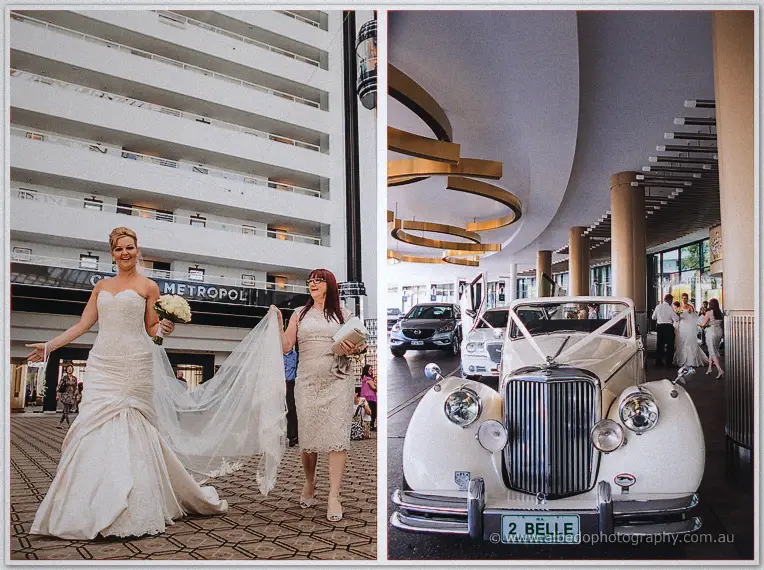 Kristina parades past the Metropol sign trailing her veil, then the classic white car idles outside
