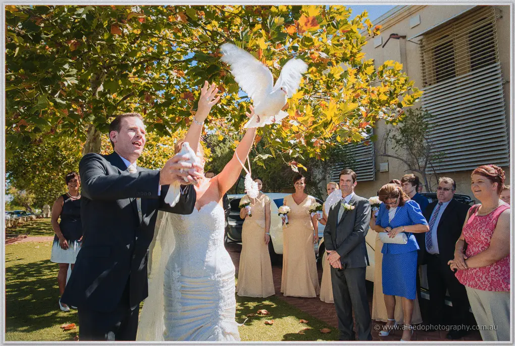 A dove takes off above Kristina's raised hands as guests watch from the garden