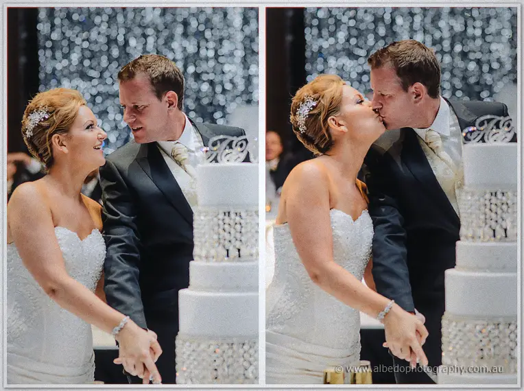 A two-frame set shows Kristina and Ashley sharing a kiss over their tiered white cake