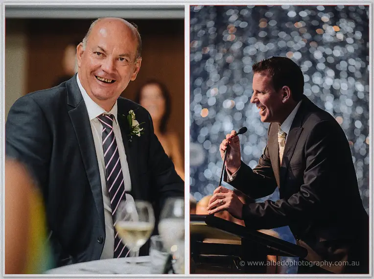 A two-frame set pairs a smiling father of the bride with Ashley's joyful speech at the podium
