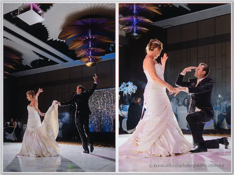 Kristina and Ashley dance theatrically beneath the Astral Ballroom's sculpted ceiling lights at Crown.