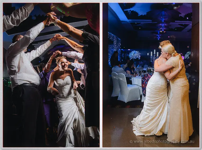 Kristina dances beneath a tunnel of raised arms, then embraces her mother in gold at the reception.