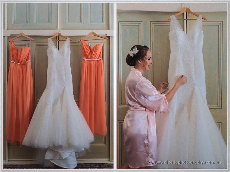 Diptych of coral bridesmaid dresses with the lace gown and Katelyn dressing in a pink silk robe
