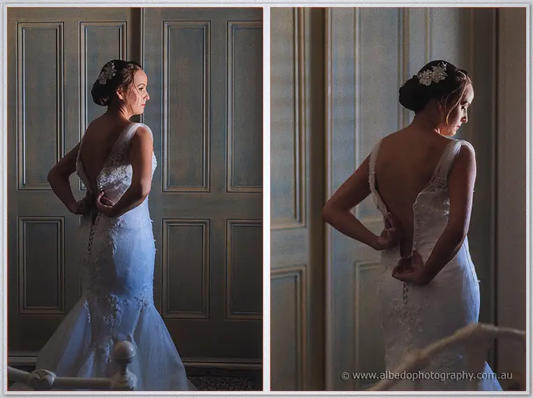 Two-panel portrait of Katelyn fastening the lace-up back of her mermaid gown in golden light