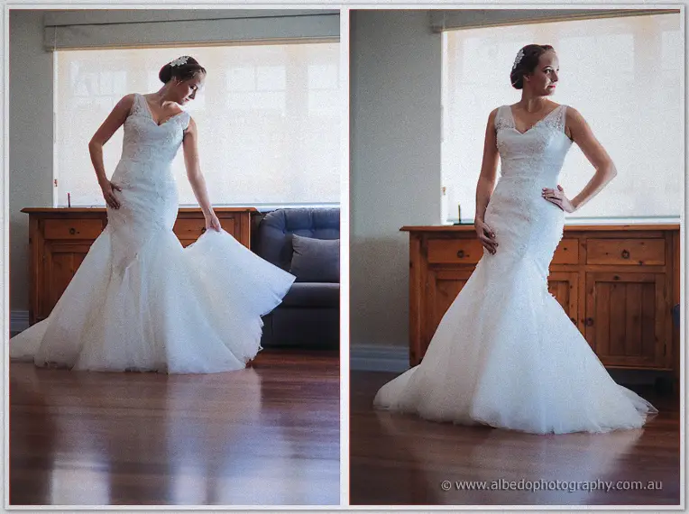Two-panel view of Katelyn lifting the tulle train of her mermaid gown across polished floorboards
