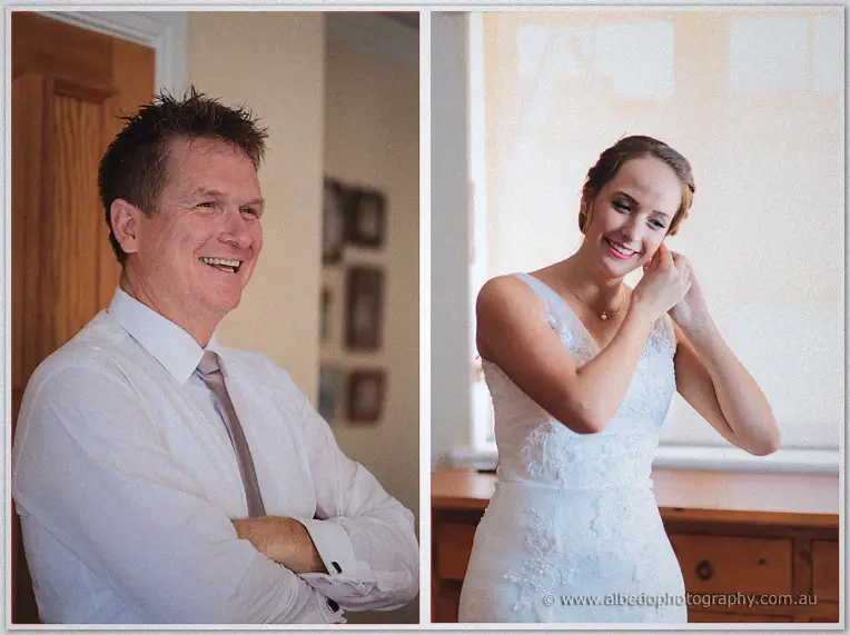 Diptych of Katelyn's father laughing in his shirt and tie and the bride fastening an earring