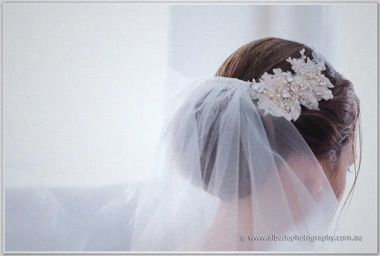 Back view of Katelyn's low bun, crystal hairpiece and tumbling tulle veil by the window