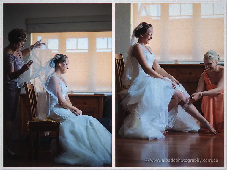 Diptych of Katelyn's mother arranging her veil and a bridesmaid fitting the garter