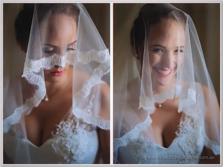 Behind her veil the bride breaks into a bright smile in a double frame at Brookleigh
