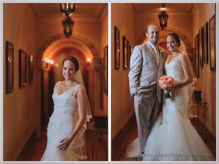 Katelyn laughs with Matt in the lantern-lit homestead hallway at Brookleigh