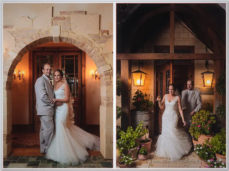 Duet of the couple in candlelit sandstone archways, Katelyn toasting with champagne in one