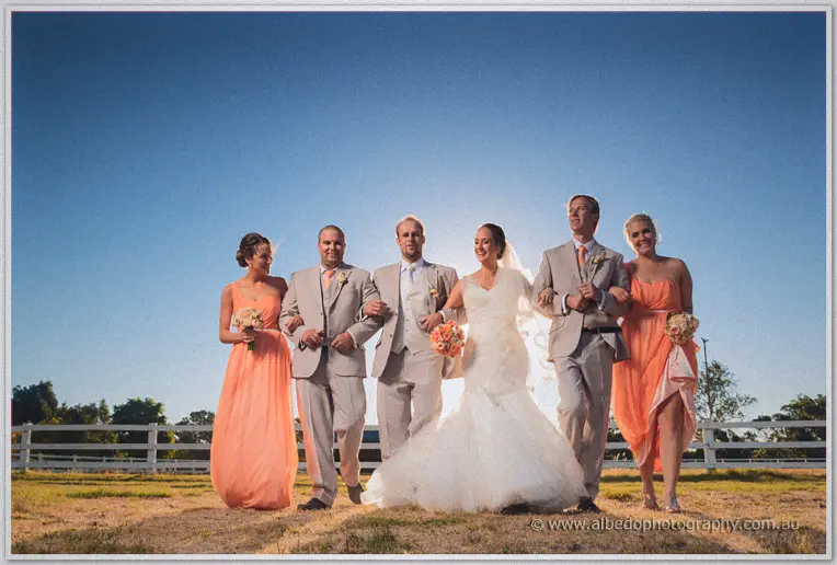 Bridal party walking arm in arm across the paddock, sun flaring behind Katelyn's veil